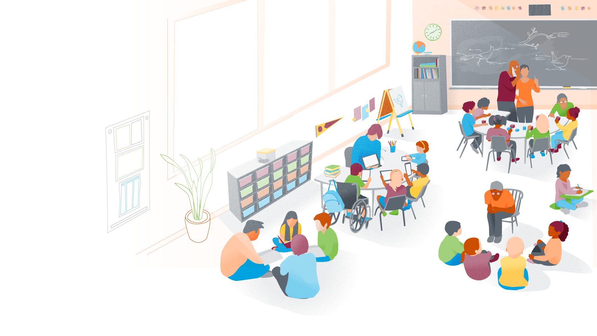 Illustrated learning space with teams of teachers