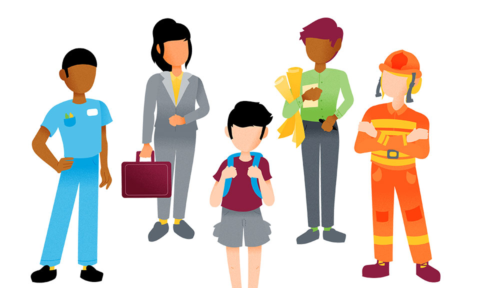 Illustraton of a nurse, business person, student, architect and fire fighter.