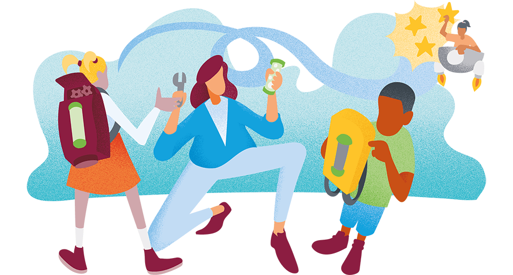 An illustration of an adult with two kids with backpacks.